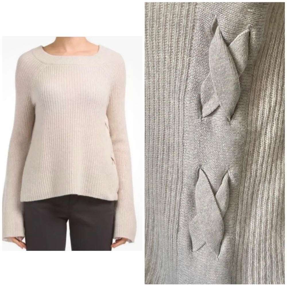 100% Cashmere Ribbed Lace Up Sweater XS Bell Sleeve Beige Quiet Luxury Only Mine